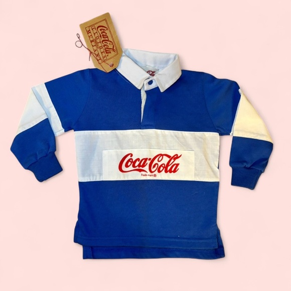 Vintage NWT 1986 Coca-Cola Kids Rugby Shirt Size 2T Unisex Polo Color Block Blue - Picture 1 of 7